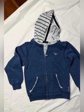 Armani Junior Blue Zip Hoodie with Striped Hood Lining